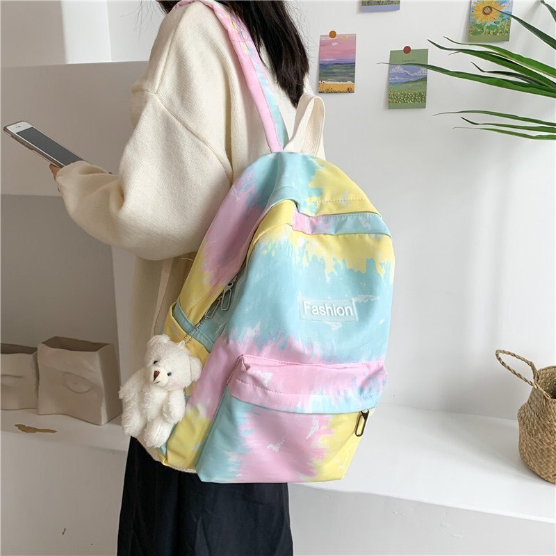 binden-Farbstoff Farben Studenten Rucksack Frauen Preppy Schule Tasche Nylon Wasserdichte Campus Stil Rucksack Weiblichen Reise Rucksäcke Damen: Gelb / nur-Tasche