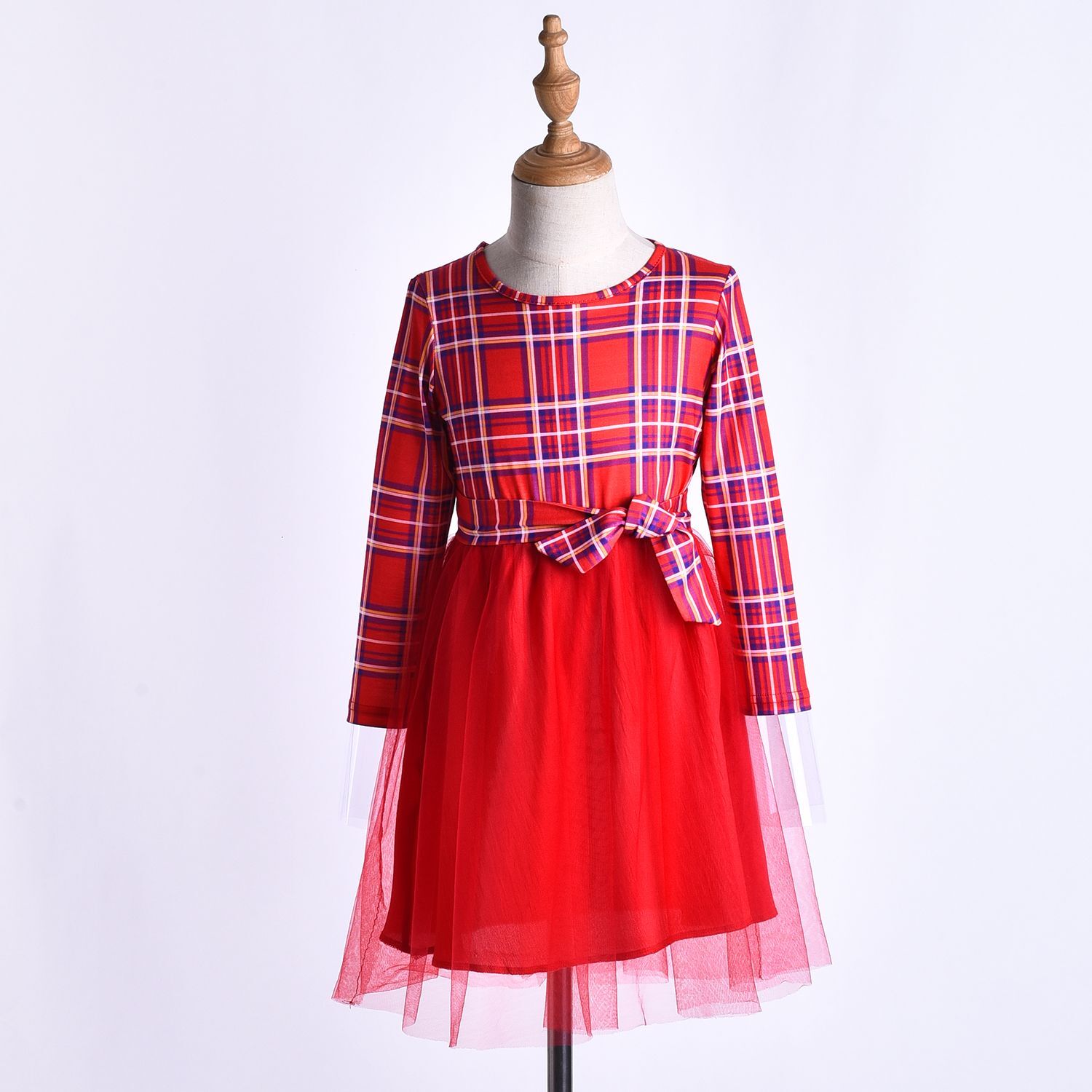Women Baby Girls Family Matching Clothes Mother Daughter Lace Tulle Red Dress Princess Plaid Mesh Splice Dress Wedding Ball Gown