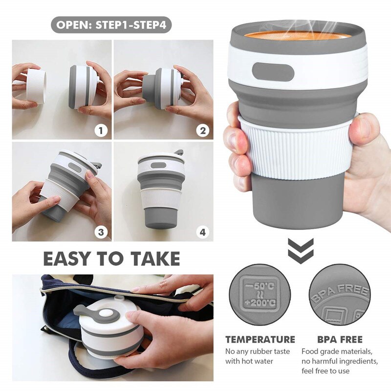 Outdoor Travel Portable Folding Coffee Cup Camping Travel Reusable Silicone Water Cup with Cover