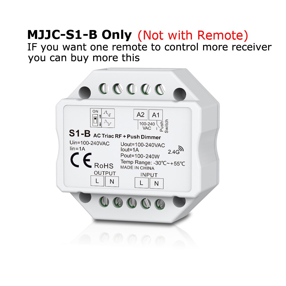 Dimmer led 220v 230v 110v ac triac wireless rf dimbar trykkbryter med 2.4g fjernkontroll 220v dimmer switch for led lampe pære  s1- b: Mjjc -s1- b bare