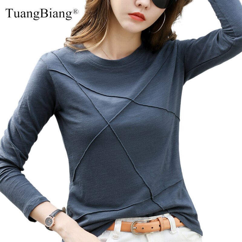 Camiseta acanalada de algodón de bambú para mujer, blusa morada Simple holgada con cuello redondo, Top verde de manga larga para mujer 2022