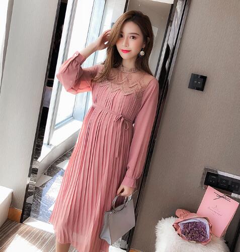 Chiffon Dresses Maternity Clothes For Pregnant Women Long Sleeve Pleated Dresses Pregnancy Maternity Dress Spring: Pink / XXL