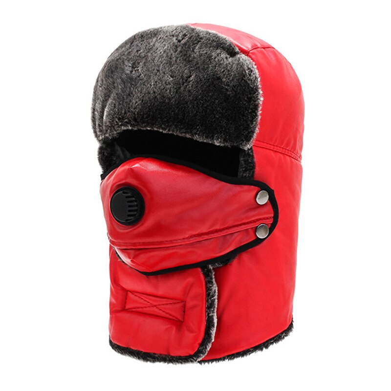 Fur Leather Russia Army Mask Hat Thick Warm Winter Outdoor Hat Bomber Hat Waterproof Hat LeiFeng Hat Full Protectional Hat: red