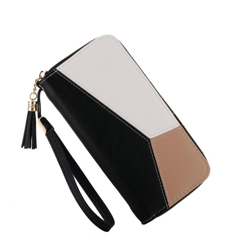 Women Wallets Long Color Contrast Clutch Bag Large Capacity Zipper Wallet Mobile Phone Bag Standard Wallets PU: Black A