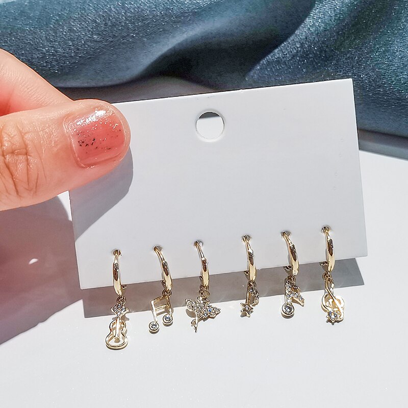 Anenjery Zilveren Kleur Koper Zirkoon Muziek Symbool Hanger Oorbellen Voor Vrouwen Leuke Creatieve Charmante 6 Stuk Oorbel Set Meisje