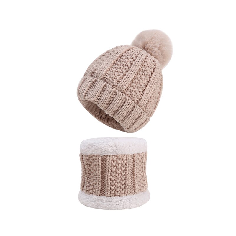 Tweedelige muts sjaal set muts kindermutsen meisjes mutsen bal pompon houd warm winter gebreide skullies kinderen bot: Beige