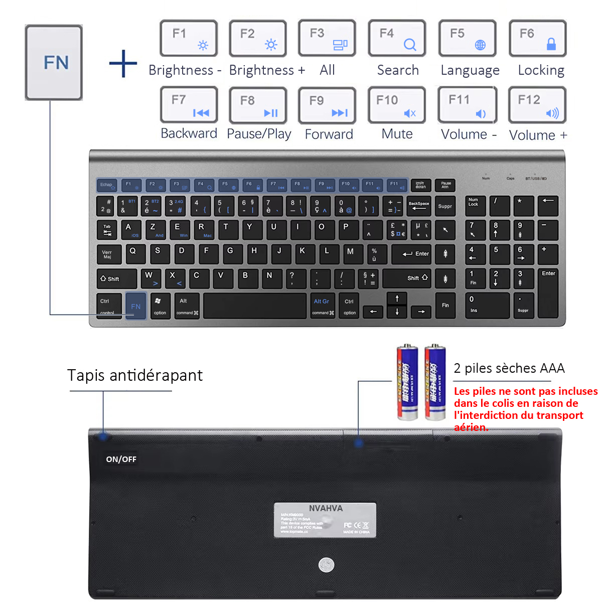 French Wireless AZERTY Layout Keyboard Ultra Slim Dual Mode Three Channel Bluetooth Keyboard for PC Windows IOS Mac Android