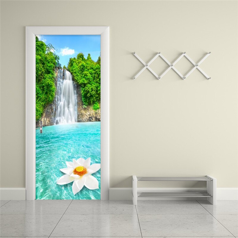 Waterfalls Landscape Door Sticker Living Room Kitchen Waterproof Wallpaper PVC Self-Adhesive 3D Wall Mural Home Decor Door Decal