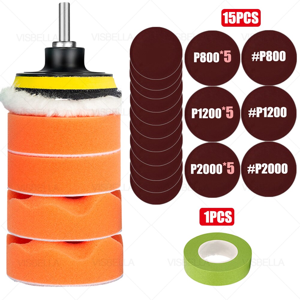 3Inch Car Polishing Kit Sponge Foam Pad Auto Headlight Wheel Polisher Polishing Refurbish Abrasive Disc Sandpaper Buffing Pads: package  11