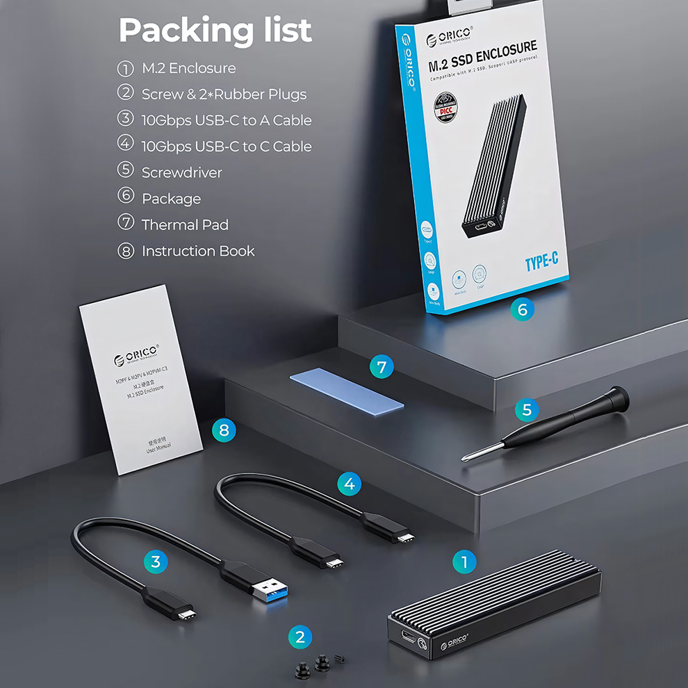 ORICO M.2 NVMe Enclosure USB 3.2 10Gbps SSD Storage Box Dual Protocol NVMe Solid State Drive External Case M2 HD Hard Disk