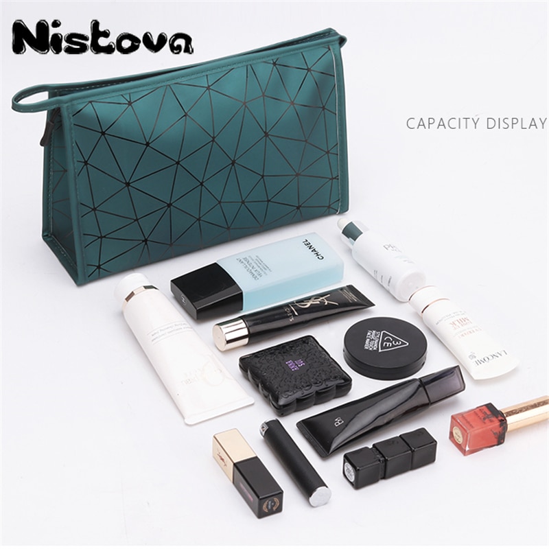 Neceser de PU con entramado de diamantes, organizador de viaje resistente al agua para mujer, estuche de útiles de maquillaje para damas, estuche de maquillaje