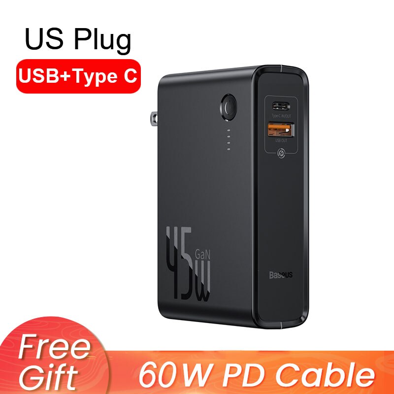 Baseus 2 In 1 Power Bank 10000Mah Gan Charger 2 In 1 Pd Qc 3.0 Afc Snel Opladen Usb oplader Voor Iphone Samsung Voor Macbook Pro: US USB with C Black