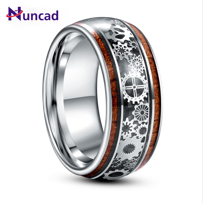 10mm intarsiato grano di legno modello ingranaggio carburo di tungsteno anello moda uomo gioielli da sposa migliore regalo qualità AAA