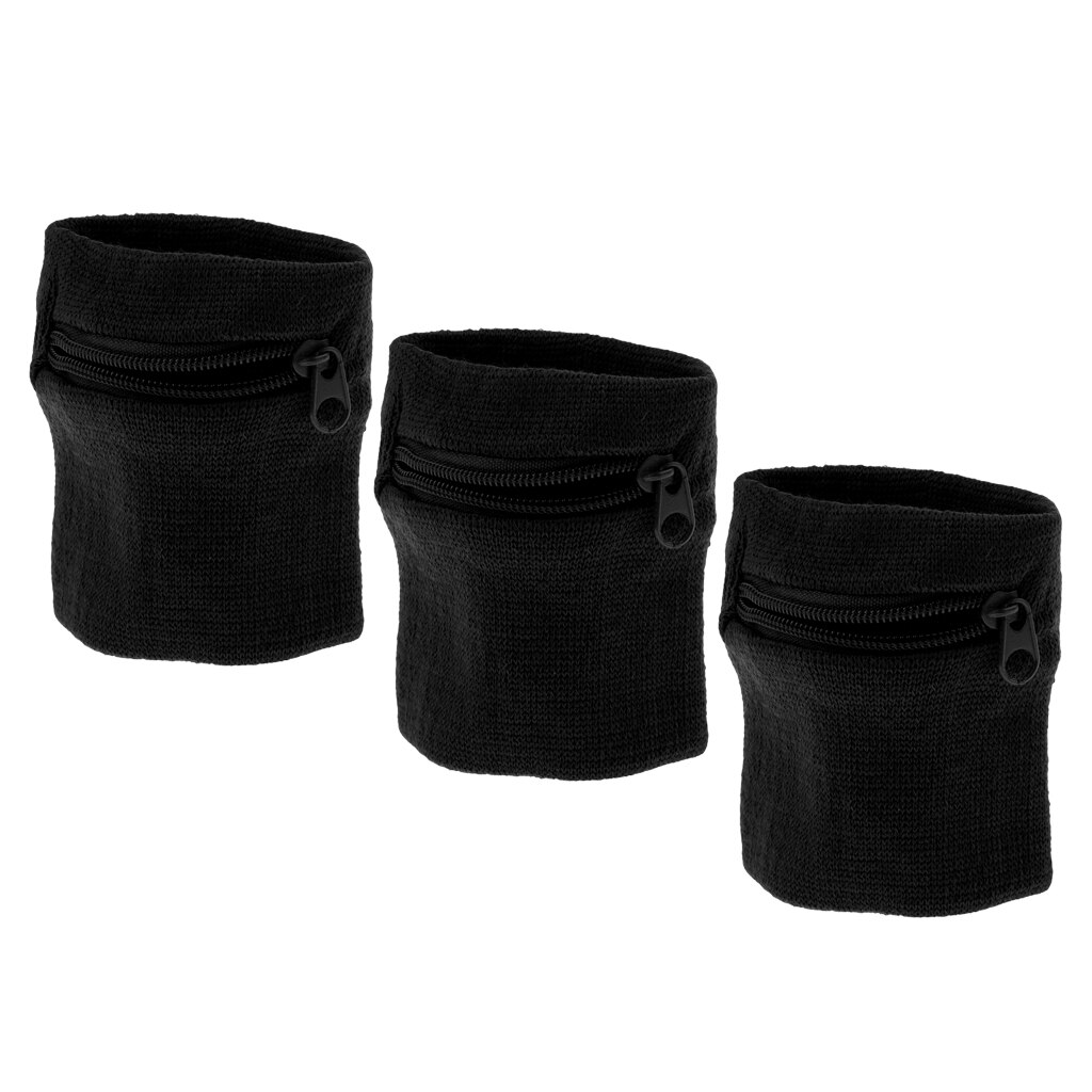 Pakke  of 3 sports tykt ensfarvet armbånd med lynlås/håndledspung (sort) - behagelig og ydeevne