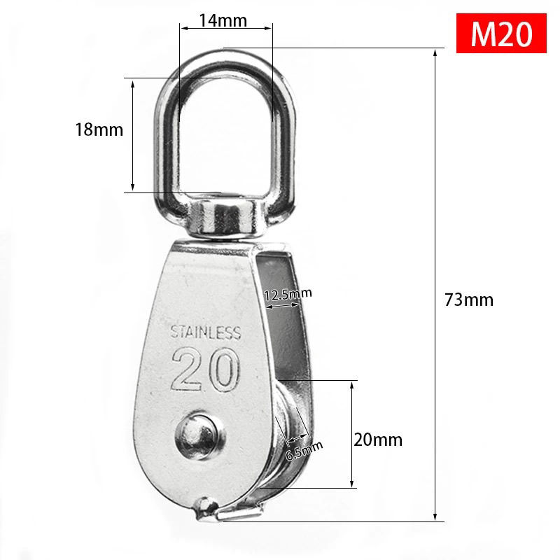 1PCS Stainless Steel Wire Rope Crane Pulley Block M20 Lifting Crane Swivel Hook Single Pulley Block Hanging Wire Towing Wheel