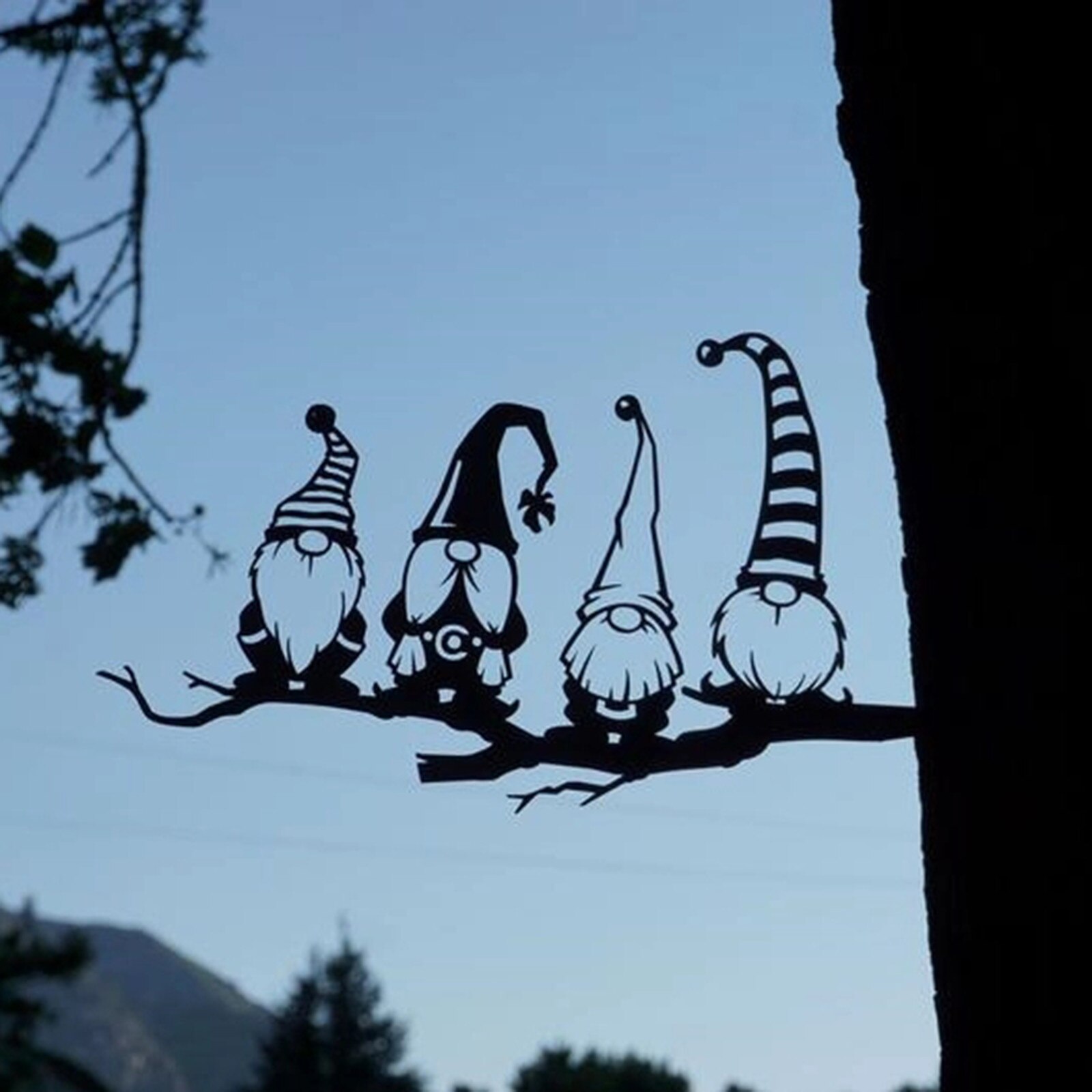 Gnomos de rama de acero para decoración de jardín, accesorios de Metal para árboles artísticos, de acero, estatua de plata, silueta de acero