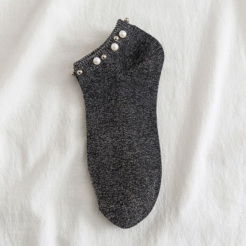 Harajuku enkelsokken zilveren zijden parel damessokken zomer herfst dames katoenen korte sokken: Zwart