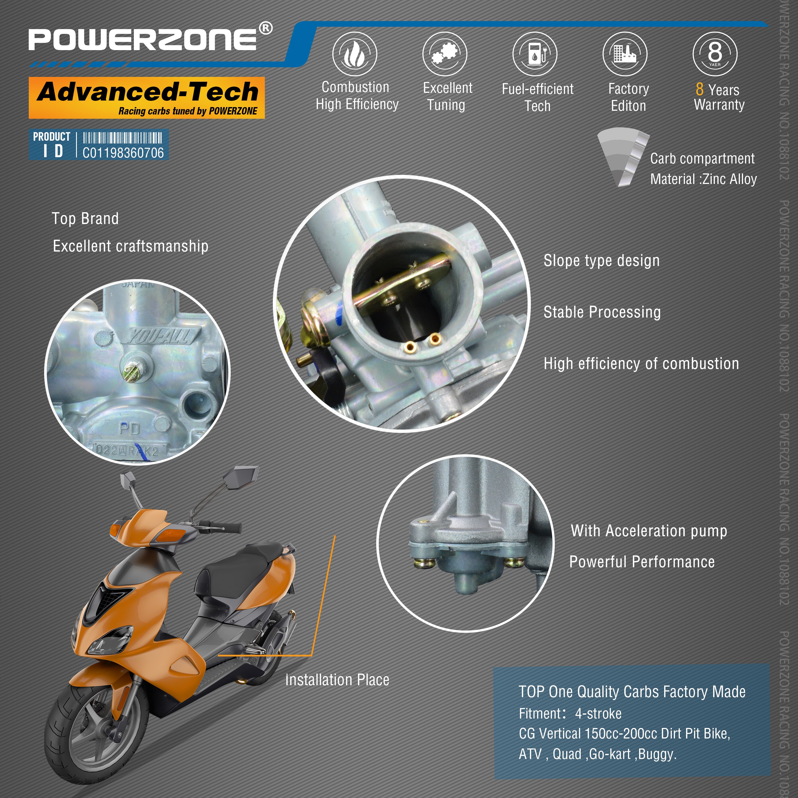 Powerzone Carburetor PZ27B 27mm CVK Accelerator Pump Carb For CG Vertical 150cc-200cc Dirt Pit Bike,ATV,Quad ,Go-kart ,Buggy