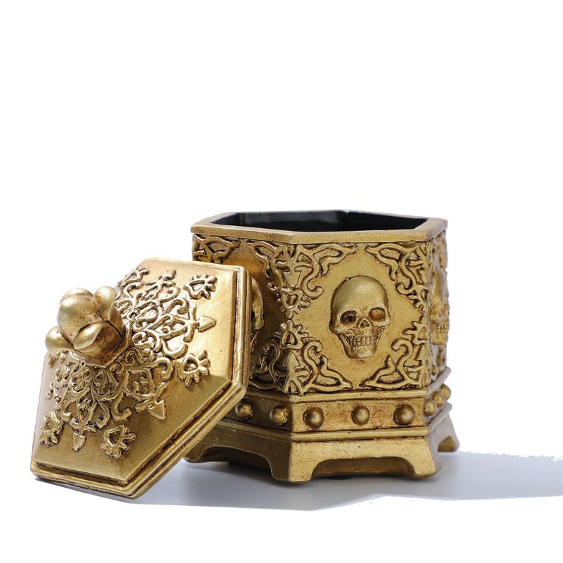 Vintage Halloween Skeleton Skull Jewelry Box Hexagon Necklace Ring Chain Case