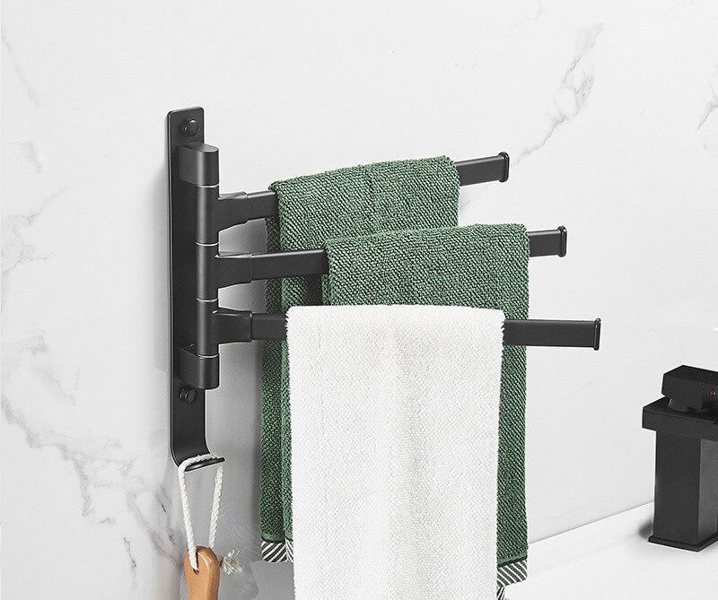 Aluminum Bath Towel Bar Black Rotating Towel Rack Bathroom Kitchen Wall-mounted Towel Holder Bar Shelf Bathroom Accessories: 3 Rods