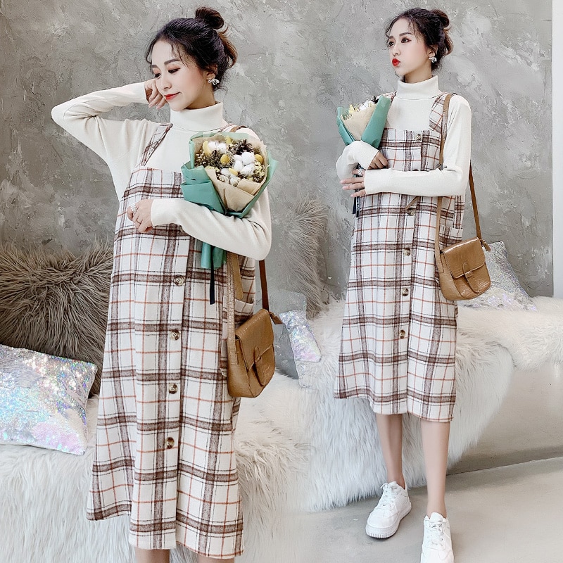 9445 # herbst Winter Mutterschaft Kleid Anzüge hoch Nacken Gestrickte Hemden + Plaid Panzer Kleid setzt Kleidung für Schwangere Frauen schwangerschaft