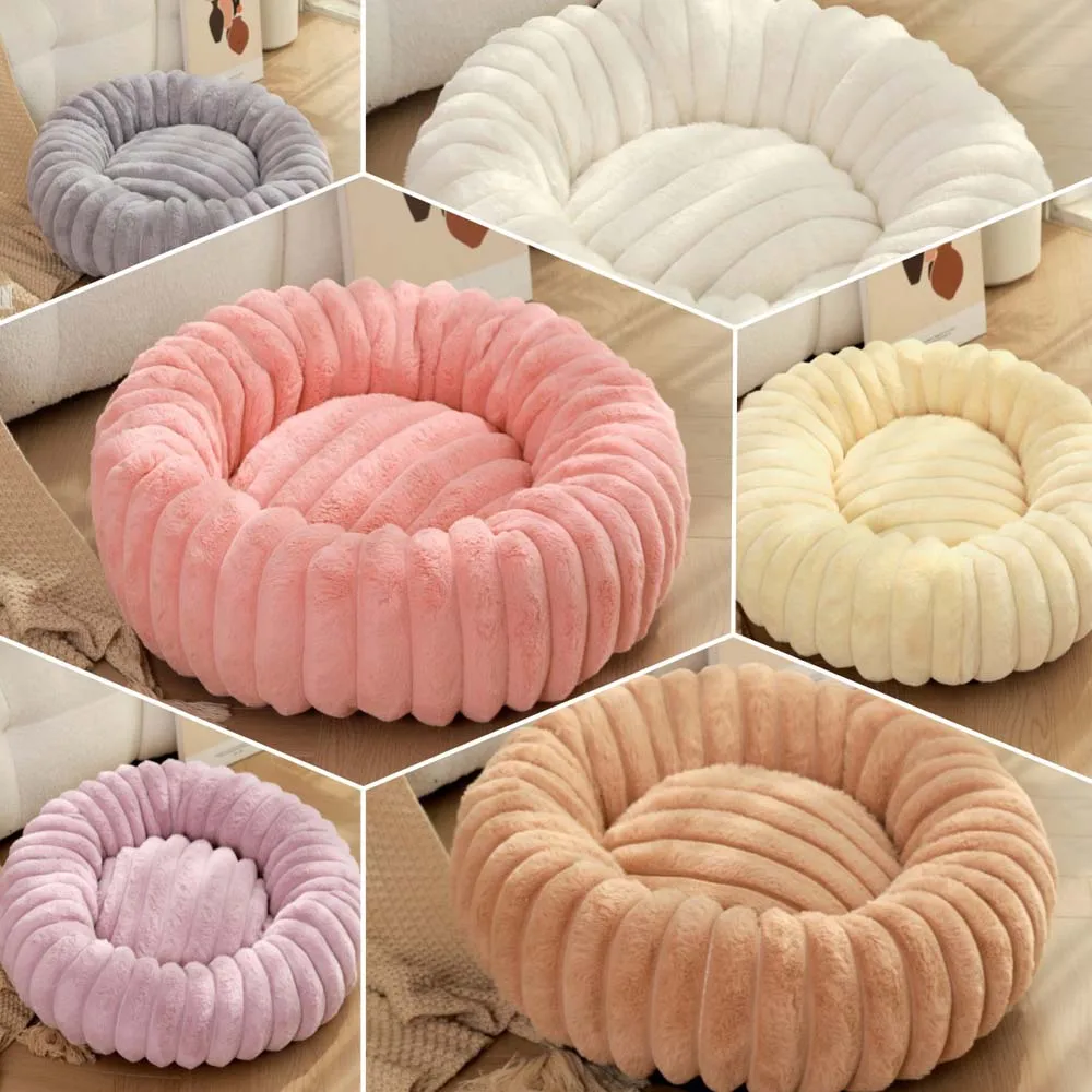 Perrera para mascotas de invierno, conejo redondo, relleno de felpa, suave, cómoda y cálida, colchón para perros y gatos de Color sólido a la , almohadilla para mascotas