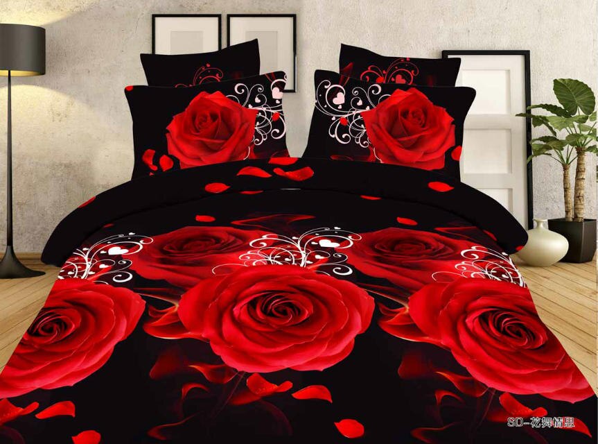 Parure de lit à motif Floral, Rose rouge et noire, ensemble pour literie Queen Size, couette non incluse: Black