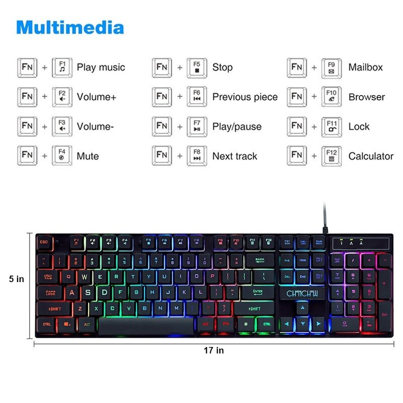 PC Gamer Backlight Gaming teclado y ratón Combo estándar USB con cable Arco Iris inglés juego teclado 3200 DPI Optical para Laptop
