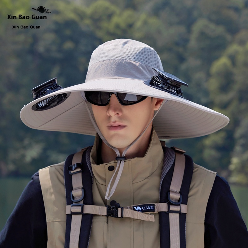 Sombrero de verano con doble ventilador con energía solar para senderismo al aire libre, pesca, sombrero con sombrilla, sombrero de pescador impermeable de secado rápido con alero grande