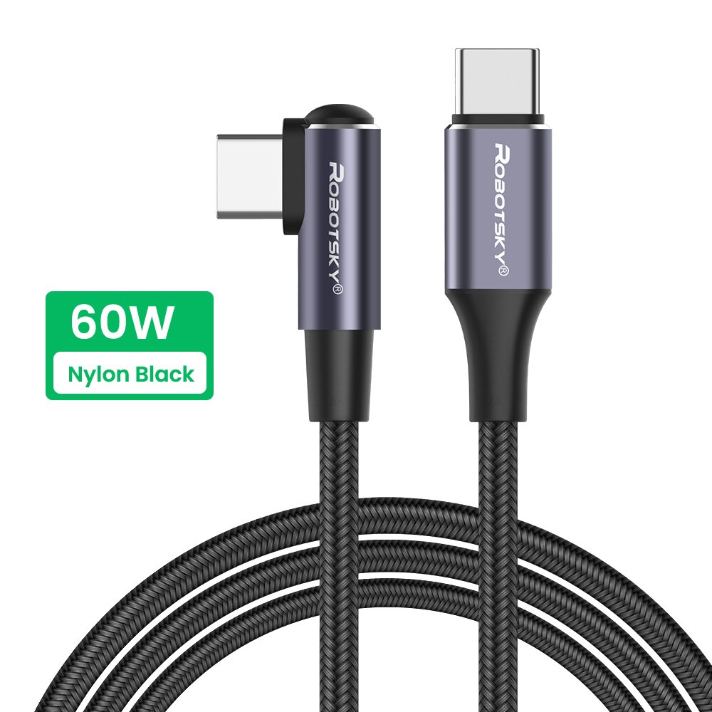 Elleboog Usb C Kabel 5A 100W/60W Usb Type C Data Kabel Voor Huawei Pro Pd USB-C snel Opladen Kabel Voor Samsung Type-C Oplaadsnoer: 60W Nylon Angle / 0.5m