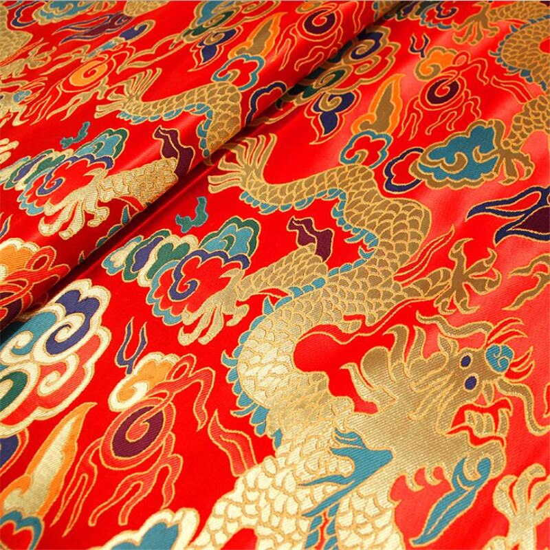 CF1136 Rood/Gouden/Blauw Draak Jacquard Zijde Brokaat Stof Chinese Cheongsam Kleding Jurk Jas Stof Diy Naaien Zijde stoffen
