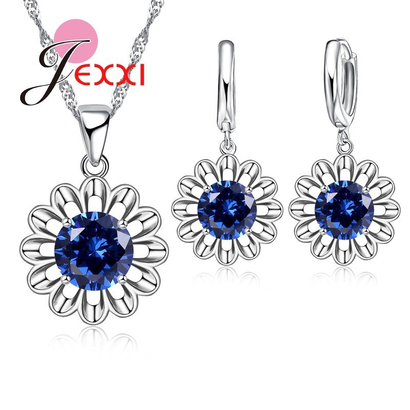 Zonnebloem Eeuwige Liefde 925 Sterling Zilveren Sieraden Set Voor Bruiloft Crystal Maxi Ketting Oorbellen Set Voor Vrouwen Bijoux: Blue