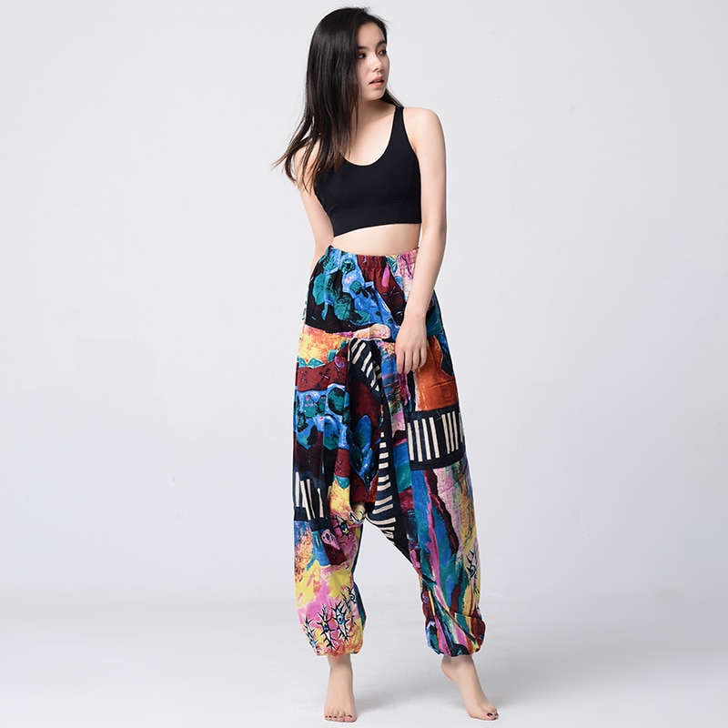 Kvinder thai indiske haremsbukser bomuld linned print boho festival hippie bukser baggy løs elastik talje national stil lanterne