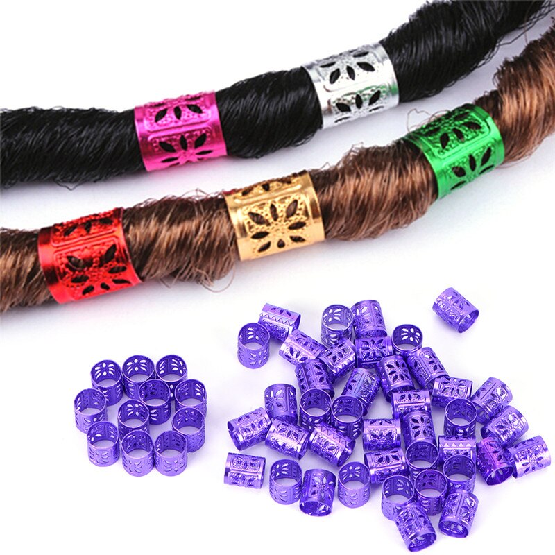 50Pcs 6 Colors Mixed Dreadlock Beads Adjustable Hair Braids Cuff Clip 1x1cm Hole Micro Ring Beads