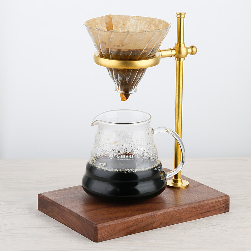 Pour Over Stand Coffee Station Adjustable Height, Brass Holder with Walnut Base, Glass Dripper Filter Cup and Coffee Pot