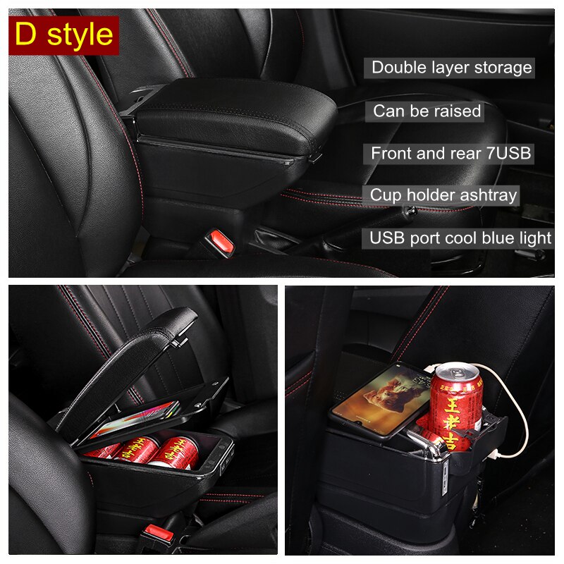 Armrest box For Toyota Yaris Hybrid sol - Dual Layer Rotatable Large Space Central Store Content Box: D Styke All Black