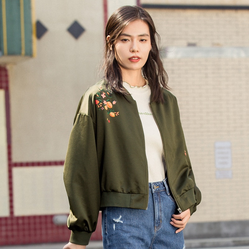 Inman Winter Mode Baseball Kraag Print Dropped Schouder Mouw Rits Wapenrok