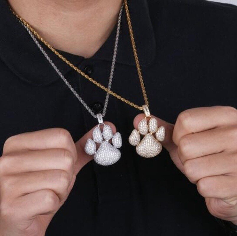 Dog Paw Footprint Bubble Pendant Necklace AAA + Cubic Zirconia Ice Crystal Necklace