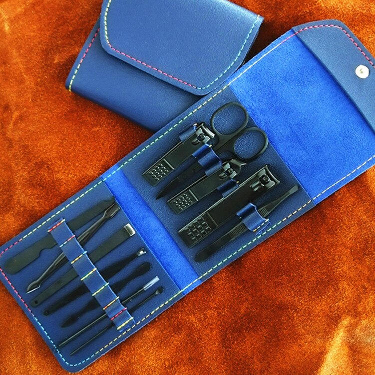 Nail Clippers Suit 4/12/16Pieces Nail Clippers Nail Scissors Fold Bag-Beauty Manicure Nail File Tool: 12pcs Black Blue