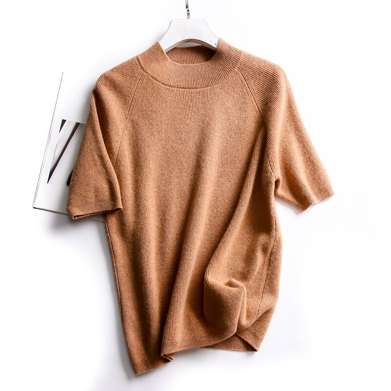 Camisa de malha de manga de cinco pontos de cashmere feminina primavera outono novo 100% lã pura meia manga camisola feminina