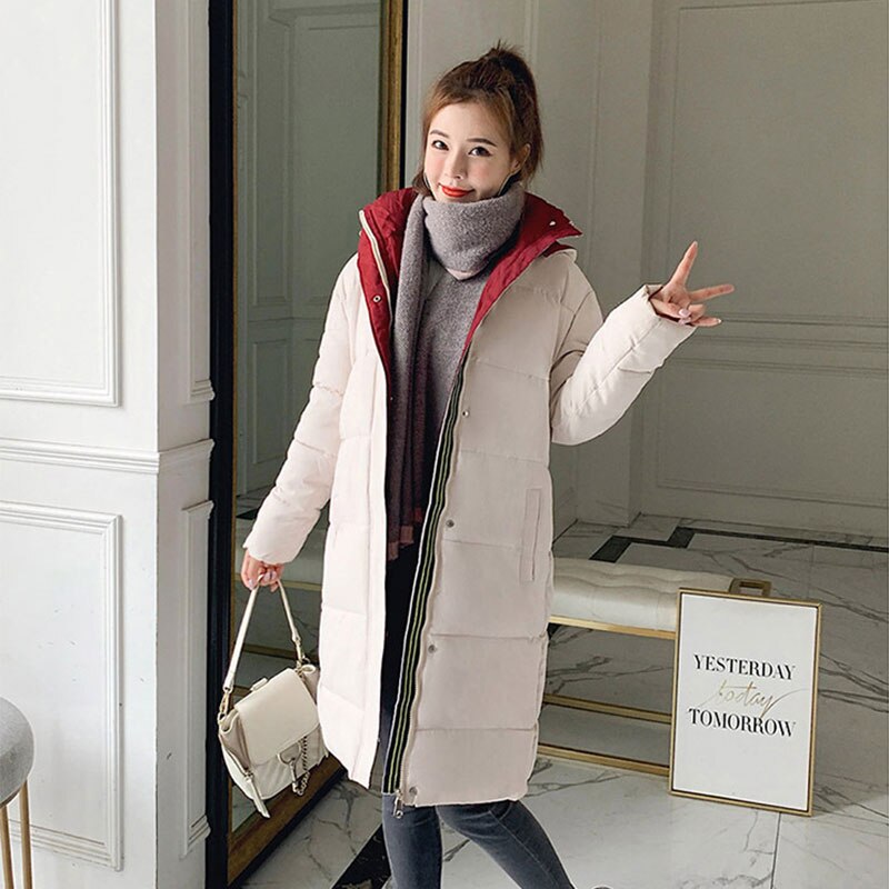 Medium lang hætte dun parka frakke vinterjakke kvinder slank tyk varm casual parkaer kvindelig kontor dame: Beige / M