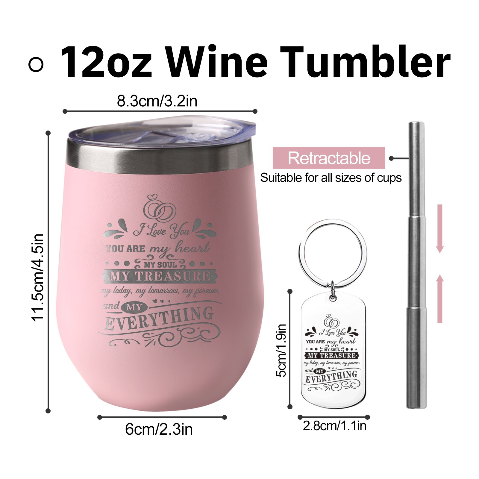 Taza Termo rosa de acero inoxidable con tapa y pajita, taza interesante, You Are My Heart, My treasure, impresión para compañero, 12oz