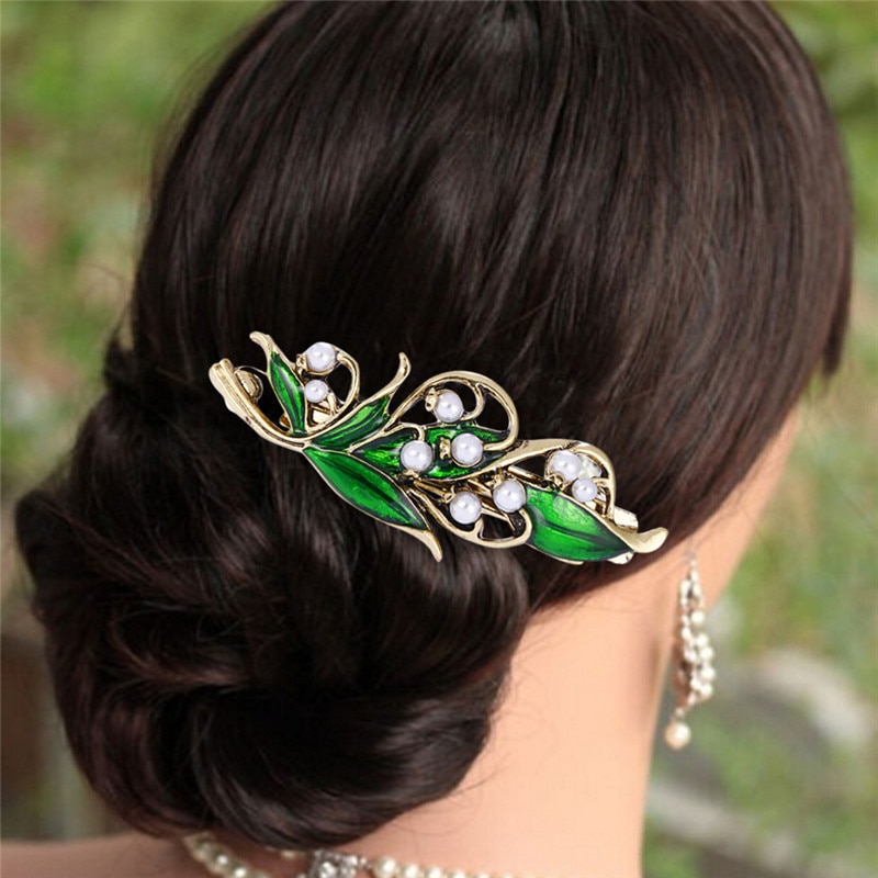Exquisite Elegante Retro Emaille Groen Blad Parel Haar Clip Clamp Haarspeld Vrouwen Meisjes Haar Accessoires
