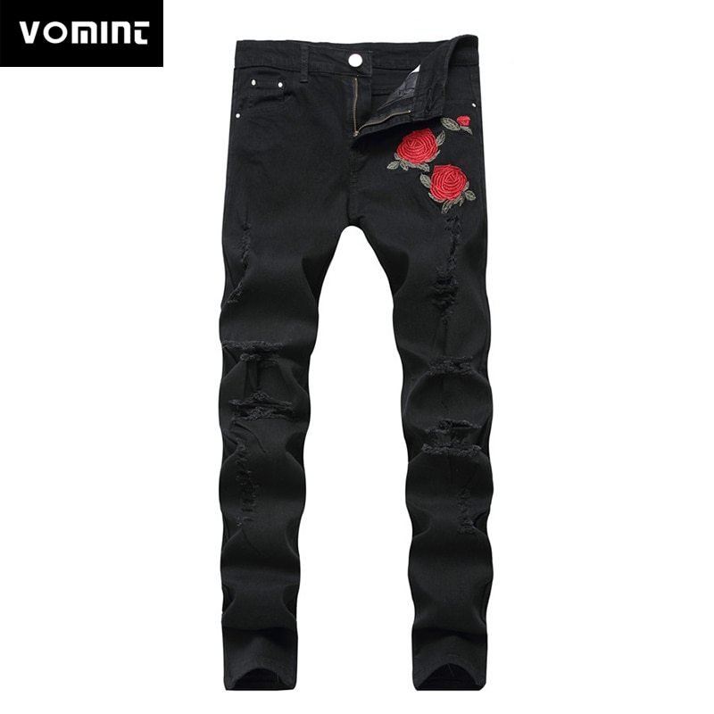 Vomint Black Ripped Jeans Met Borduurwerk Mannen Met Bloemen Rose Geborduurde Mannen Denim Jeans Stretch Skinny Jeans Broek