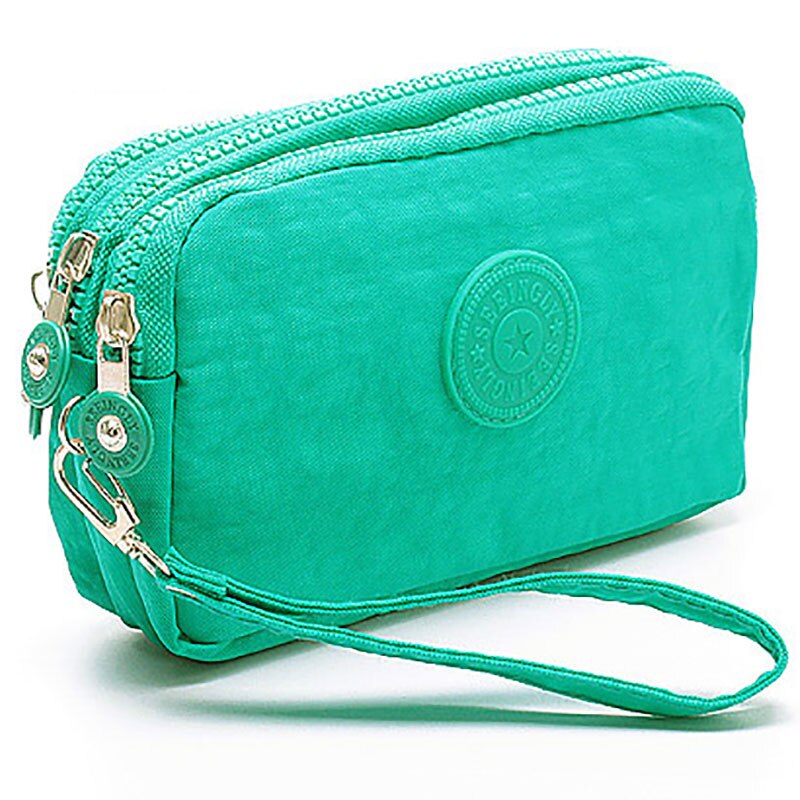 Coin purse ladies mobile phone bag small wallet business card holder multifunctional three zipper mini canvas bag girl: Green