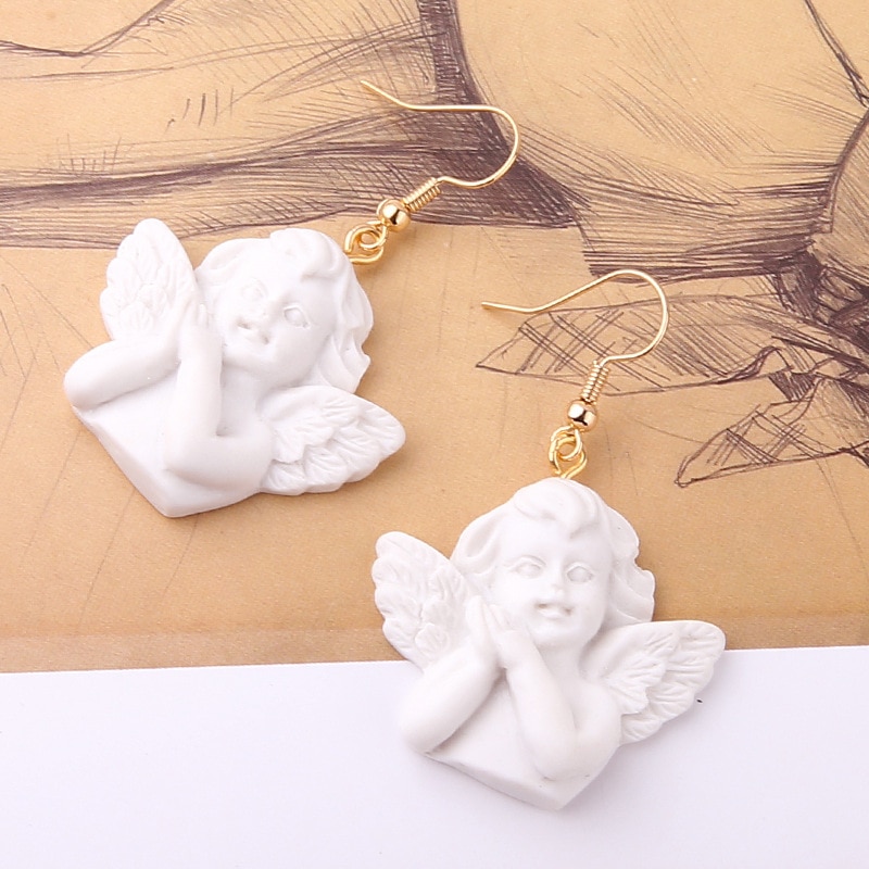 1 paire Blanc Baroque Cupidon Ange Boucles D'oreilles Pur Mignon Fille Boucles D'oreilles Ange Chanceux Boucles D'oreilles Bijoux Pour Les Femmes Filles