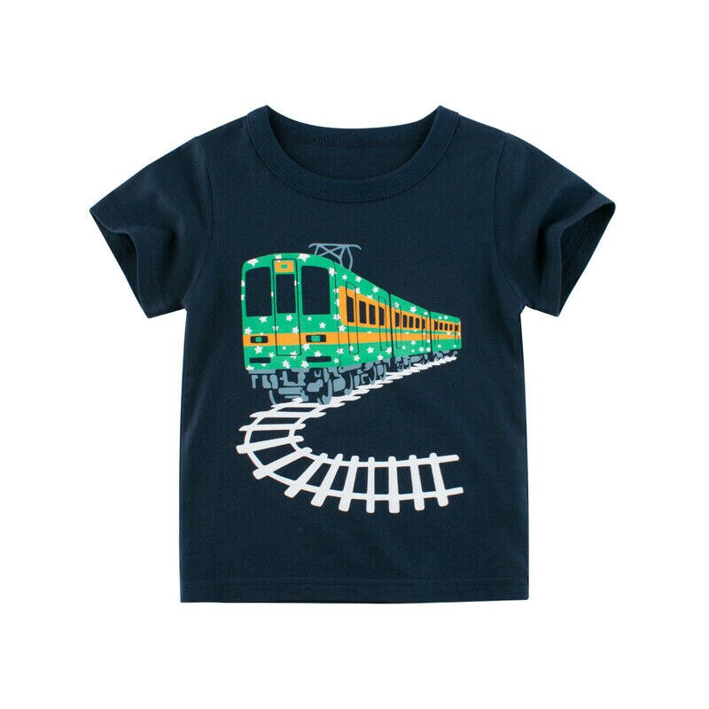 Kids Boys Summer Tee Short Sleeve Cartoon O Neck Casual Cute Train Railway Pattern Top