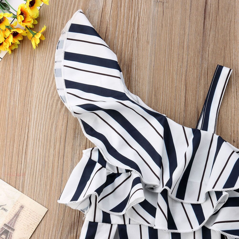 Children Overalls Girl Off Shoulder Ruffled Striped Jumpsuits One Piece Romper Oblique Collar Playsuits for Kids Clothes 3-10Y