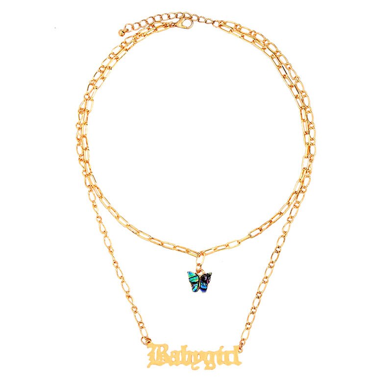 JJFOUCS Double Layer Babygirl Letter Gold Color Pendant Necklace For Women Cute Butterfly Choker Necklace Statement Jewelry: 038901GD