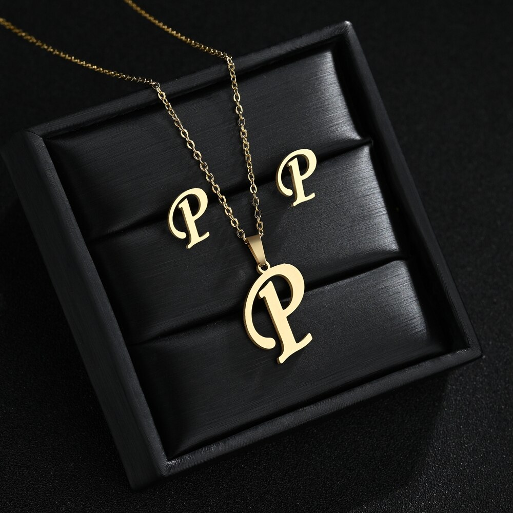 A-Z Edelstahl Ersten Halskette Und Ohrringe Schmuck Sets Alphabet Anhänger Kette Brief Zubehör: P